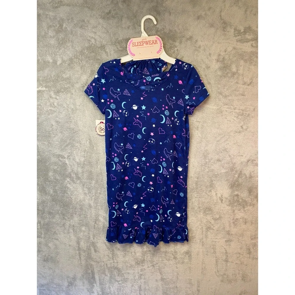 SO Girls Sleepwear Nightgown Doll Gown Size 12 Space Unicorn Moon Stars NWT